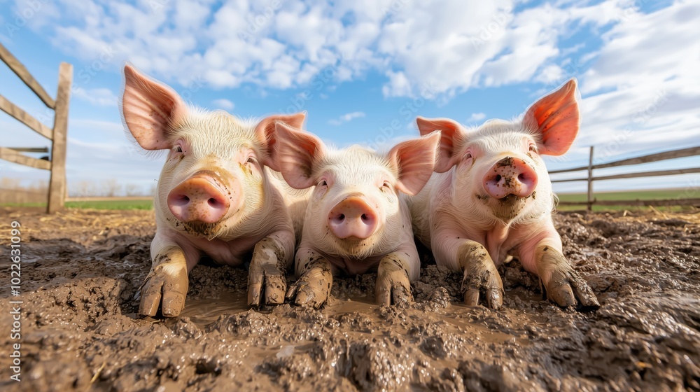 Content Pigs Relaxing in Muddy Pen Under Sunlight Content Pigs Relaxing in Muddy Pen Under Sunlight