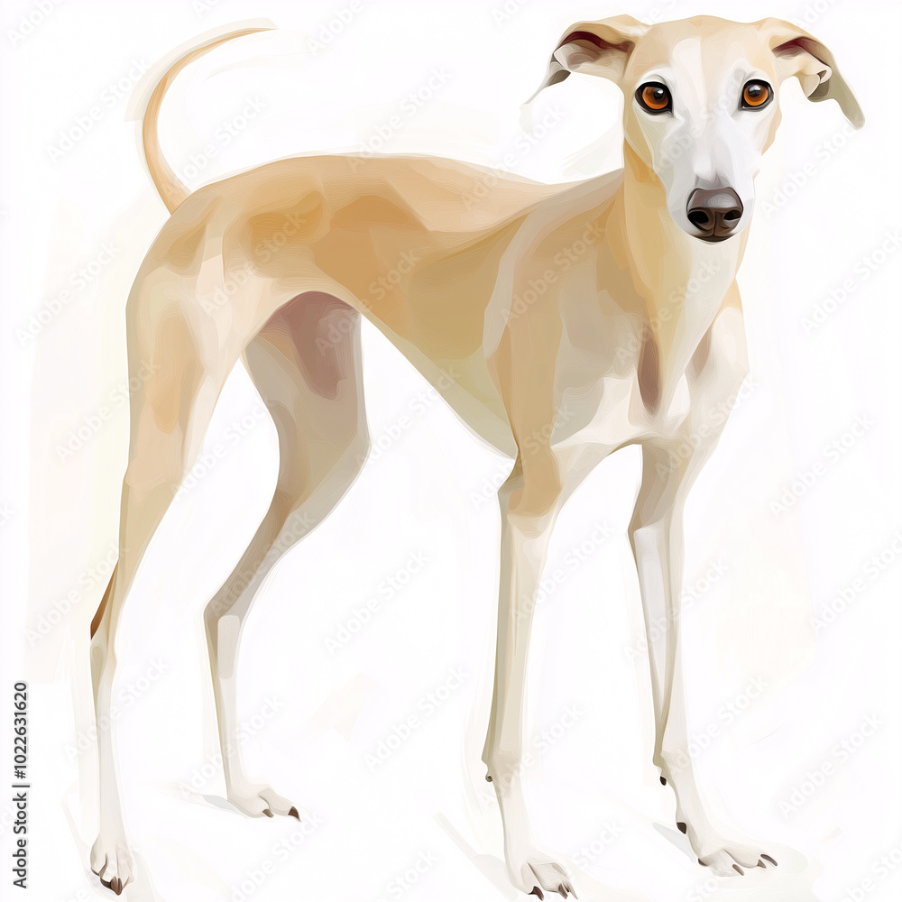 Greyhound standing on a white background with its long legs and slender body Greyhound standing on a white background with its long legs and slender body