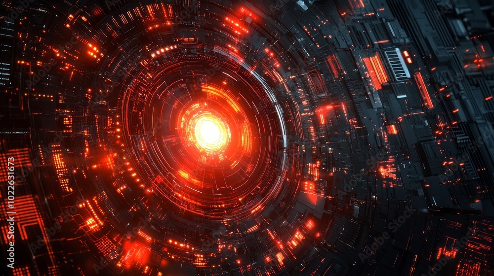 Fototapeta premium A futuristic, abstract design of a circular, glowing red and orange core with metal panels surrounding it.