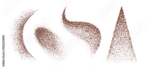 Coffee powder particle. Chocolate dust splash. Cocoa sand or brown sugar grain isolated 3d texture. Granule explosion noise design. Realistic cinnamon particles burst motion. Scatter spray swirl