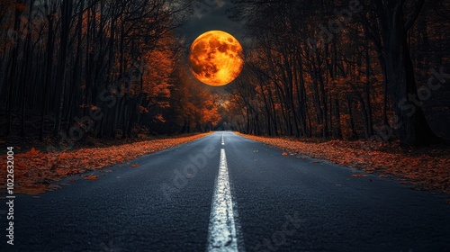 halloween night scene on a highway in the forest with an orange full moon, decorative card design, background, wallpaper, banner and poster