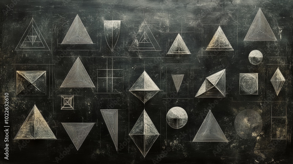 Obraz premium A dark background with many different gray geometric shapes arranged in an grid.
