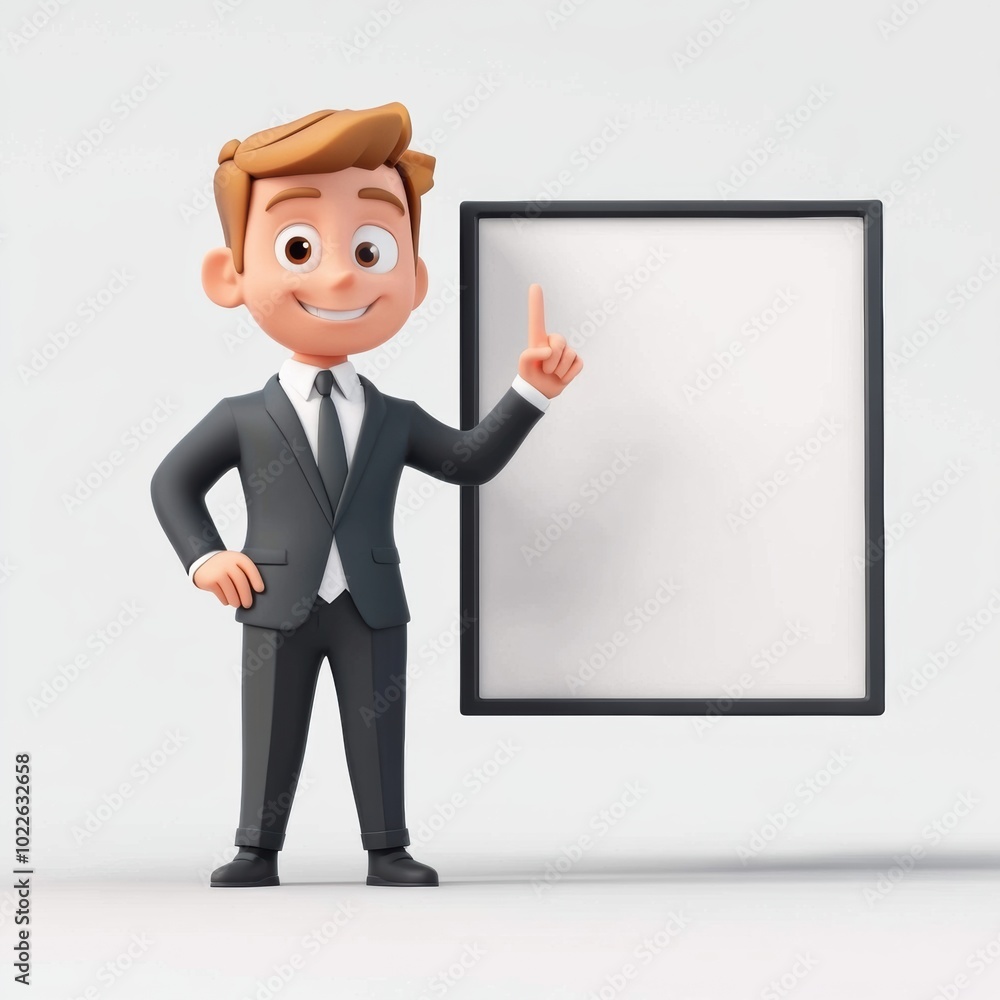 Cheerful Businessman Presenting on Whiteboard with Smile and Pointing Gesture Cheerful Businessman Presenting on Whiteboard with Smile and Pointing Gesture