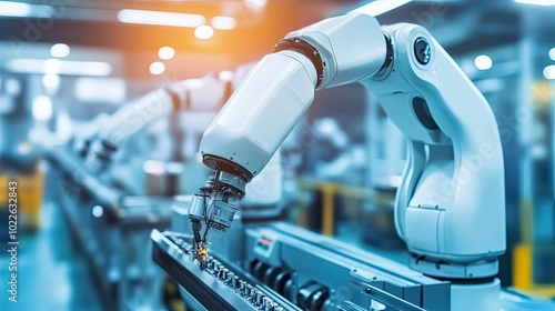 Robotic Arm Assembling Parts on a Conveyor Belt in a Factory Setting