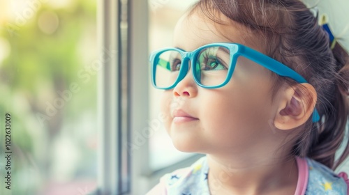 Young child wearing blue glasses focusing on distant tree outside window, symbolizing myopia prevention and importance of outdoor activities.