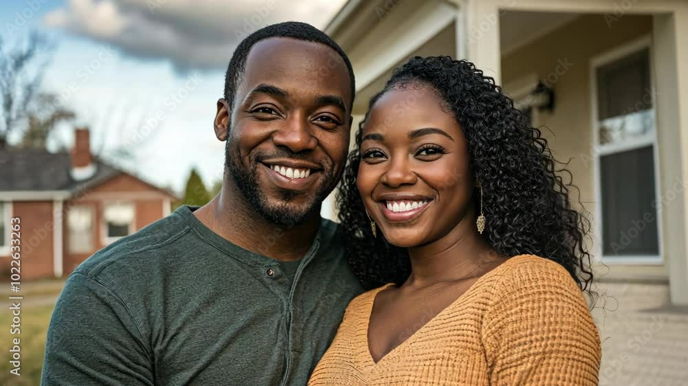 A happy couple smiles in front of their new home