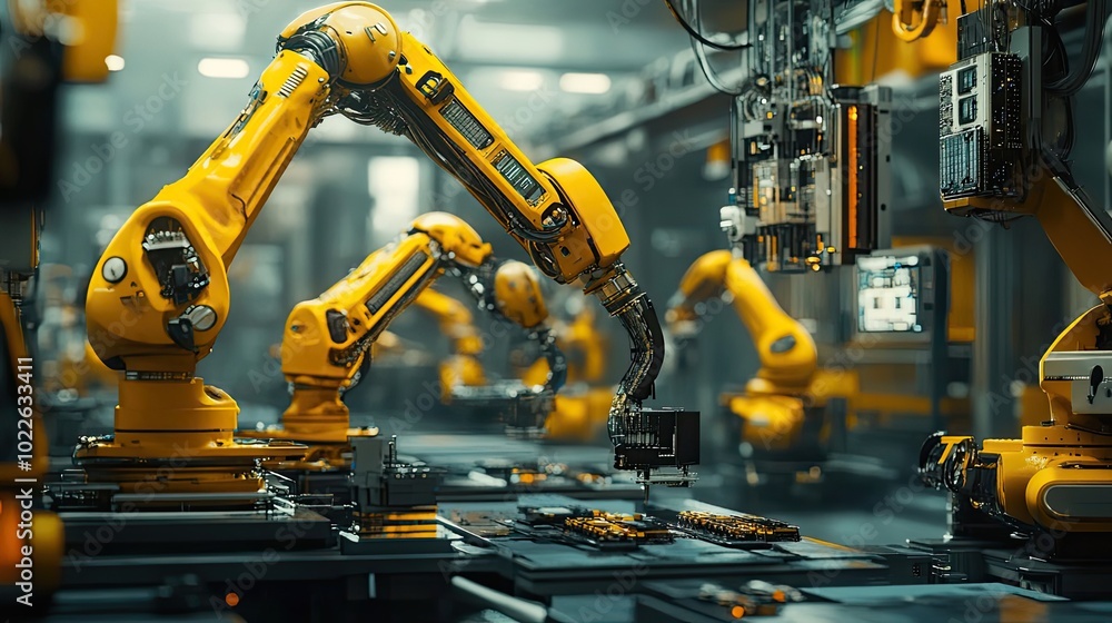 Automated Assembly Line with Yellow Robotic Arms Automated Assembly Line with Yellow Robotic Arms