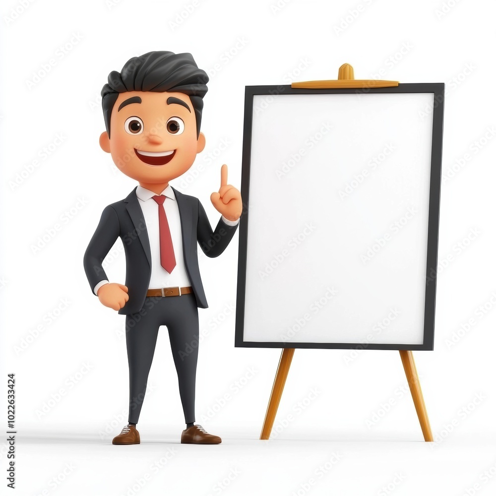 Smiling Businessman Giving Presentation at Whiteboard Easel in Office Smiling Businessman Giving Presentation at Whiteboard Easel in Office