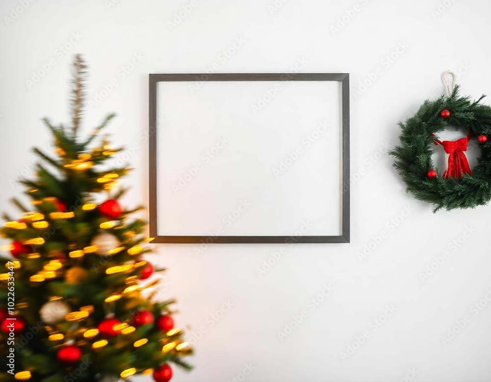 A blank picture frame hanging on a wall next to a decorated Christmas tree with lights and ornaments, white wall A blank picture frame hanging on a wall next to a decorated Christmas tree with lights and ornaments, white wall