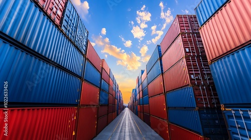 Container trucks in a shipping yard under a blue sky.