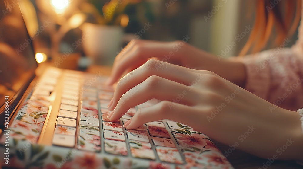 Hands typing on a keyboard with a floral cover, delicate flowers and leaves printed on the keys, soft ambient light from a desk lamp, background blurred with pastel-colored decor items,