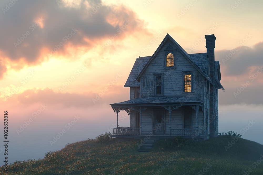 Mystical house on hill at dusk with illuminated windows Mystical house on hill at dusk with illuminated windows