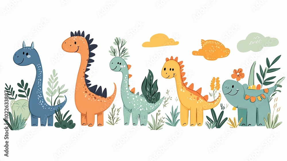 Five Cartoon Dinosaurs Standing in a Row in Front of Green Bushes Five Cartoon Dinosaurs Standing in a Row in Front of Green Bushes