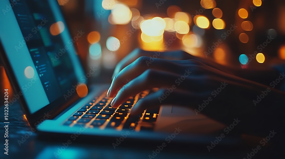 Hands typing on a laptop keyboard, illuminated by soft screen light, city lights twinkling in the background, cinematic composition, sharp details on hands and keys, hd quality, professional look, Hands typing on a laptop keyboard, illuminated by soft screen light, city lights twinkling in the background, cinematic composition, sharp details on hands and keys, hd quality, professional look,