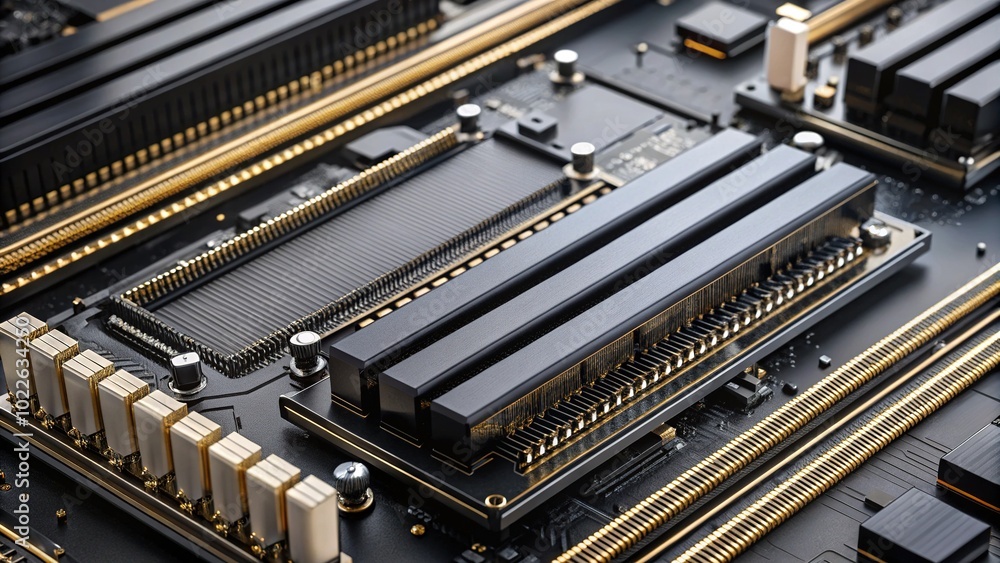 DDR5 RAM Connectors on Black Motherboard - Selective Focus Portrait Photography DDR5 RAM Connectors on Black Motherboard - Selective Focus Portrait Photography