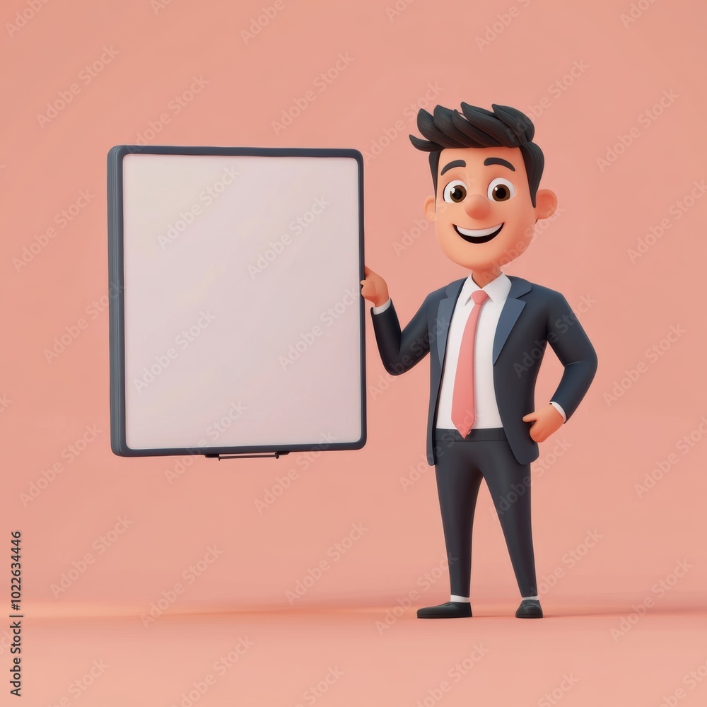 Smiling Cartoon Businessman Presenting Blank Whiteboard in Office Environment Smiling Cartoon Businessman Presenting Blank Whiteboard in Office Environment