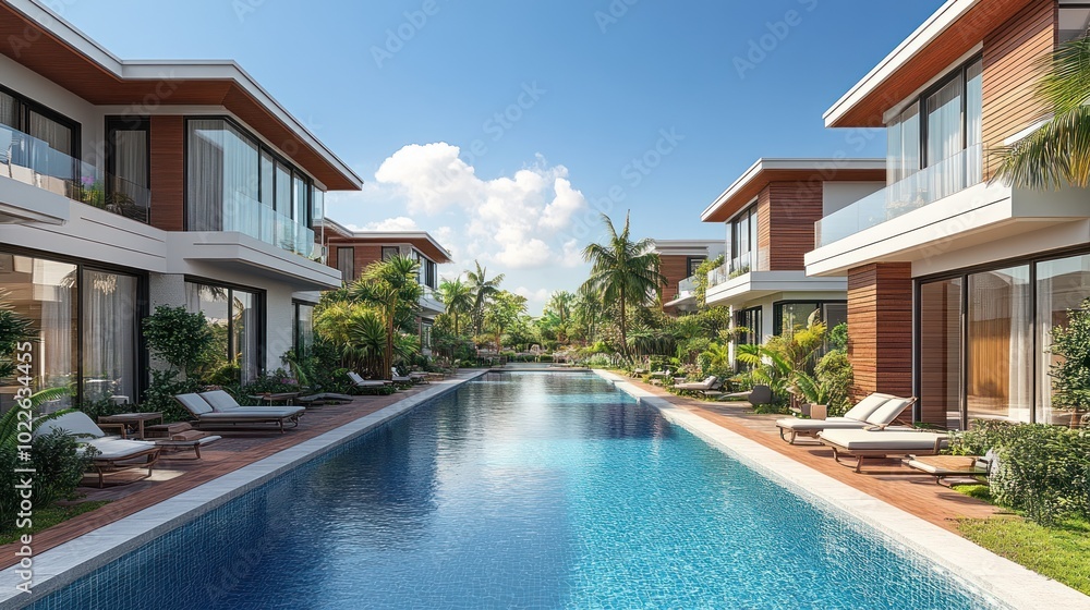 Fototapeta premium Modern villas with a serene pool surrounded by lush greenery.