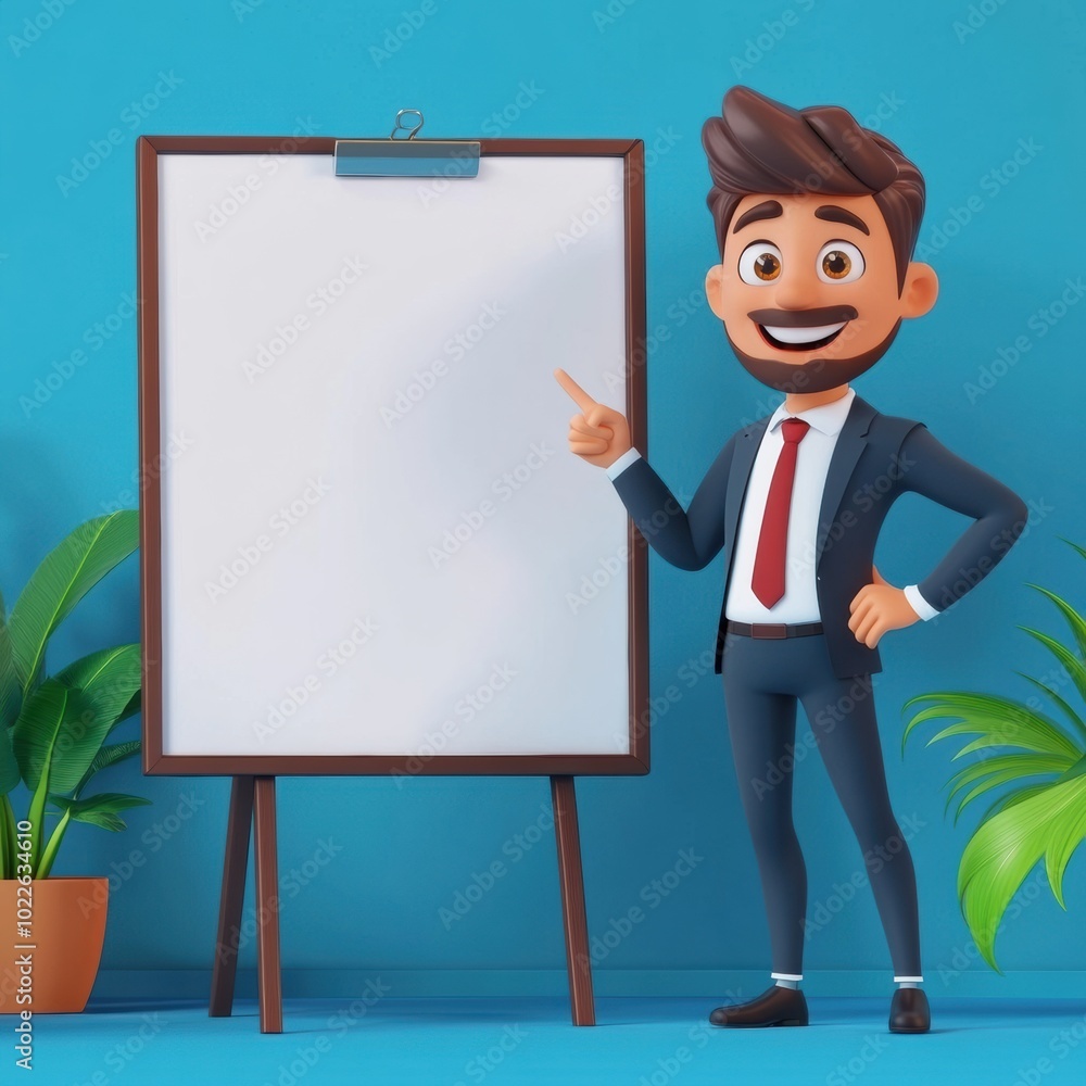Confident Businessman Character Presenting with Whiteboard in Office Confident Businessman Character Presenting with Whiteboard in Office