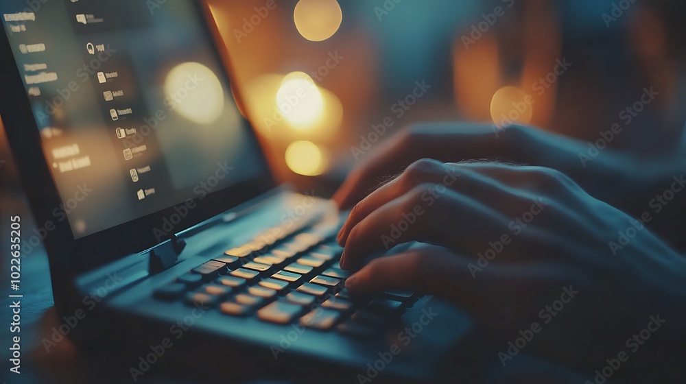 Hands typing on a sleek keyboard with a smartphone displaying social media notifications beside it, soft overhead lighting, blurred background with warm tones, Hands typing on a sleek keyboard with a smartphone displaying social media notifications beside it, soft overhead lighting, blurred background with warm tones,