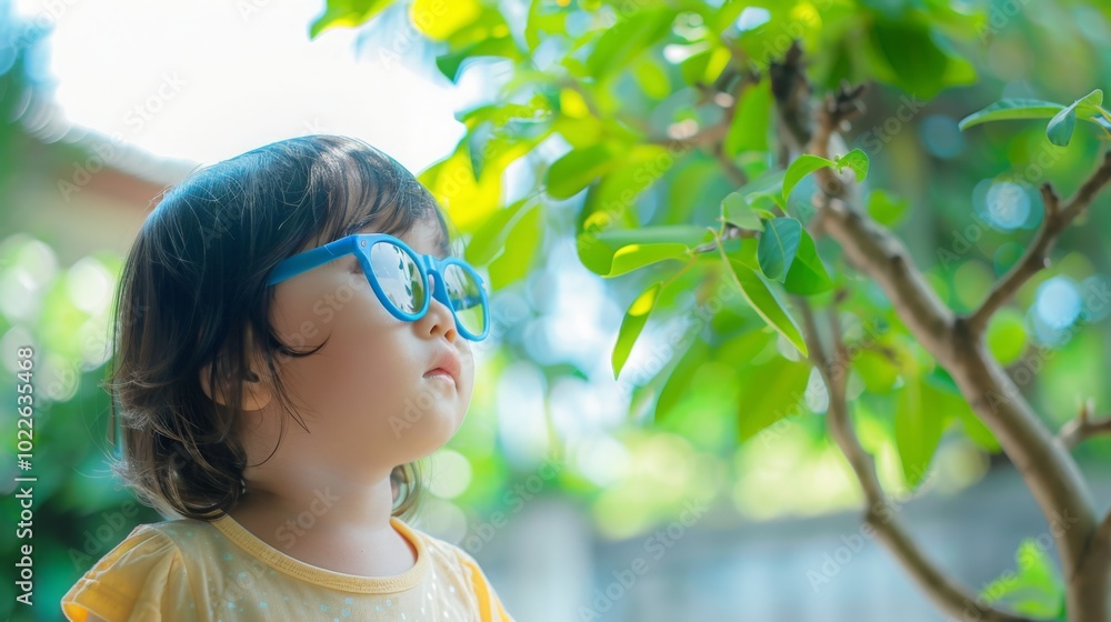Young child wearing blue glasses focusing on distant tree outside window, symbolizing myopia prevention and importance of outdoor activities. Young child wearing blue glasses focusing on distant tree outside window, symbolizing myopia prevention and importance of outdoor activities.