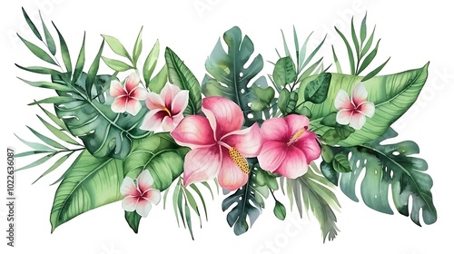 Vibrant Hibiscus Flower with Green Leaves Illustration - Illustrated image of a vibrant hibiscus flower with green leaves. Ideal for tropical themes, nature-inspired designs, and botanical projects.