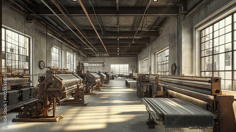 Industrial Loom Machines in a Factory Setting Industrial Loom Machines in a Factory Setting