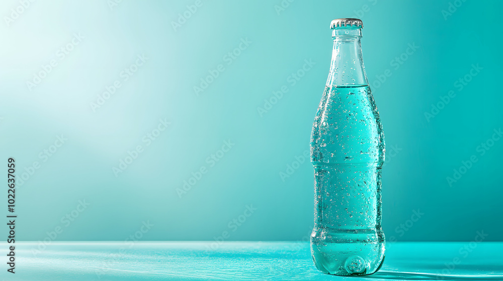 A landscape with soda drinking water in bottles against a sky blue wall. A landscape with soda drinking water in bottles against a sky blue wall.