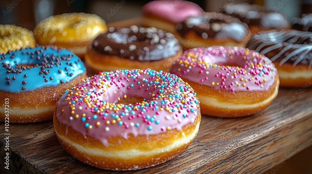 Assortment of Glazed Donuts with Sprinkles on a Wooden Table Assortment of Glazed Donuts with Sprinkles on a Wooden Table