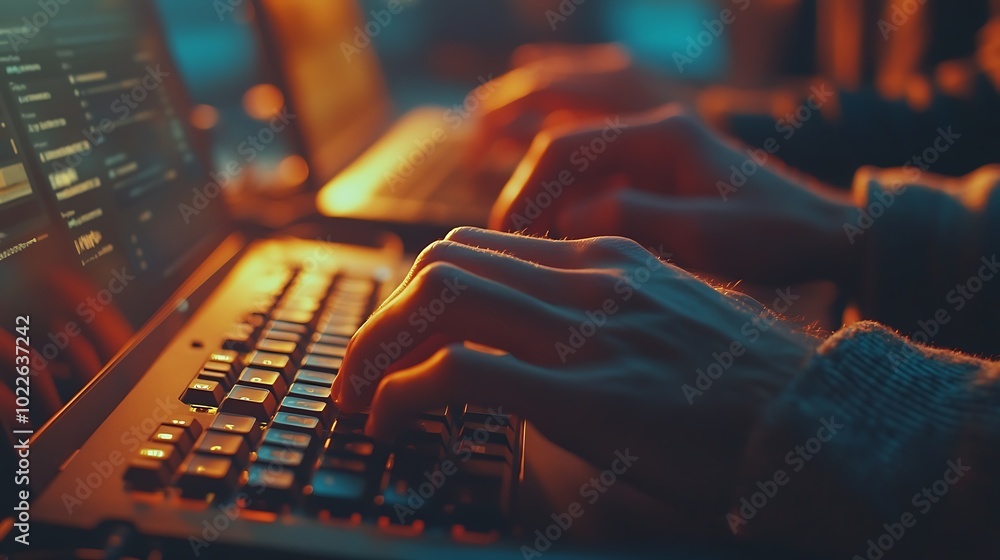 Multiple hands typing on a shared office keyboard, warm ambient lighting, diverse team members’ hands collaborating, soft light highlighting key details, blurred office setting in the background, Multiple hands typing on a shared office keyboard, warm ambient lighting, diverse team members’ hands collaborating, soft light highlighting key details, blurred office setting in the background,