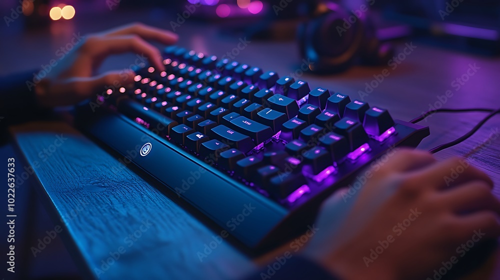 Photograph of hands typing on a mechanical keyboard in a moody, dimly lit office, cool blue and purple ambient lighting, keyboard illuminated by LED glow, Photograph of hands typing on a mechanical keyboard in a moody, dimly lit office, cool blue and purple ambient lighting, keyboard illuminated by LED glow,