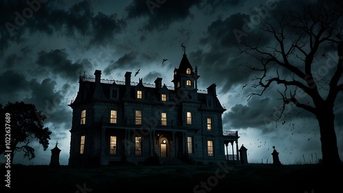 Ghostly Silhouettes Floating Near Haunted Mansion: Eerie Scene with Dark Clouds and Moonlight