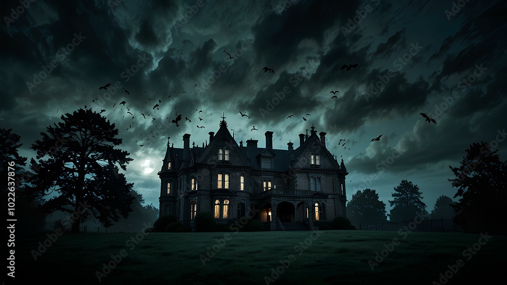 Ghostly Silhouettes Floating Near Haunted Mansion: Eerie Scene with Dark Clouds and Moonlight Ghostly Silhouettes Floating Near Haunted Mansion: Eerie Scene with Dark Clouds and Moonlight