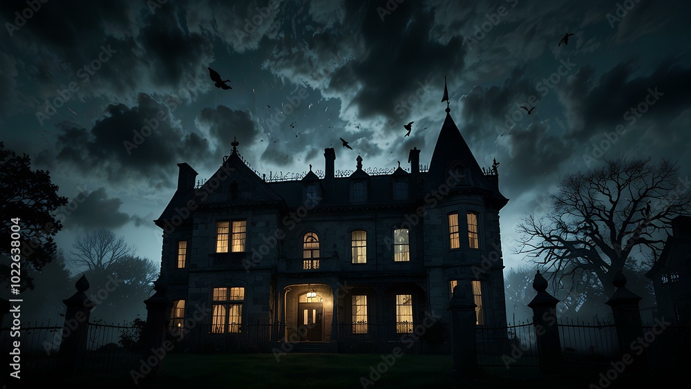 Ghostly Silhouettes Floating Near Haunted Mansion: Eerie Scene with Dark Clouds and Moonlight Ghostly Silhouettes Floating Near Haunted Mansion: Eerie Scene with Dark Clouds and Moonlight