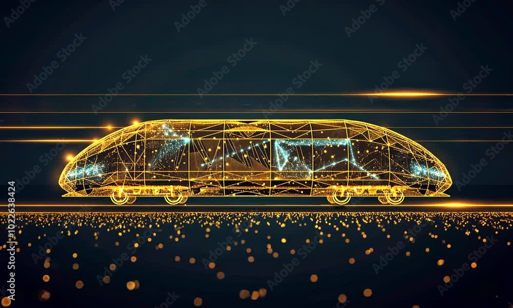 Advanced Technology Train Animation A high-speed train depicted with glowing, futuristic digital particles ...