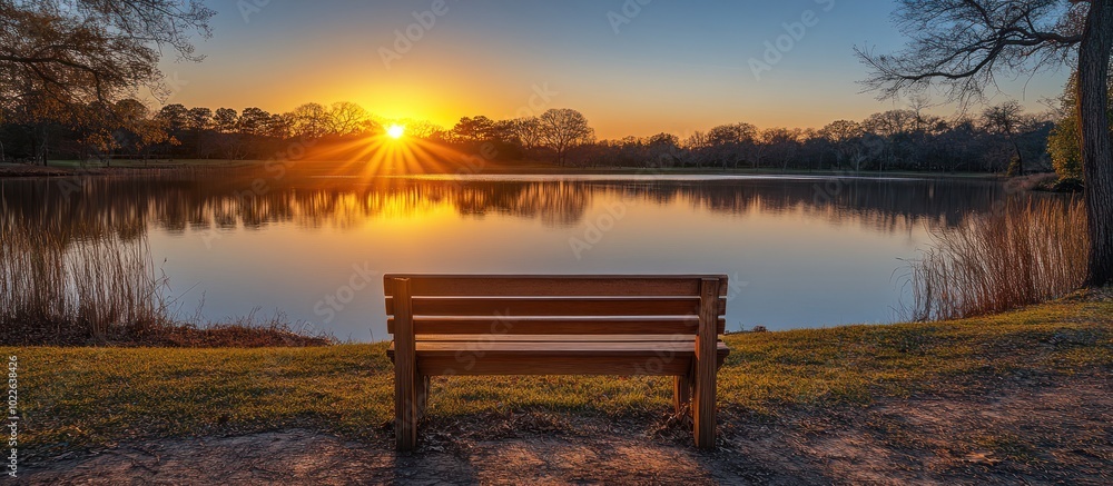 Fototapeta premium A wooden bench sits at the edge of a lake, overlooking the setting sun.