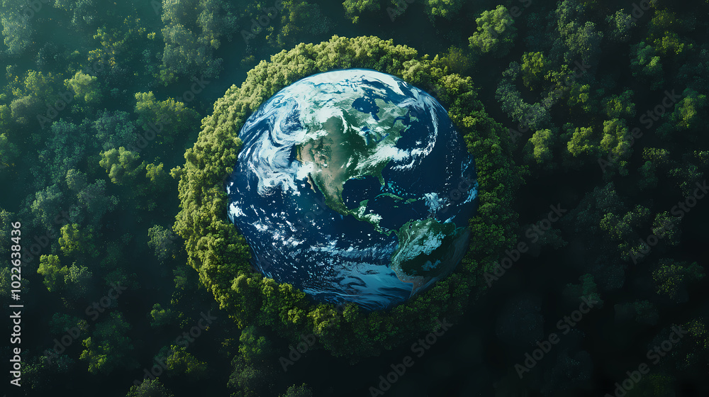 Obraz premium Earth surrounded by trees, showcasing environmental protection and ecological balance