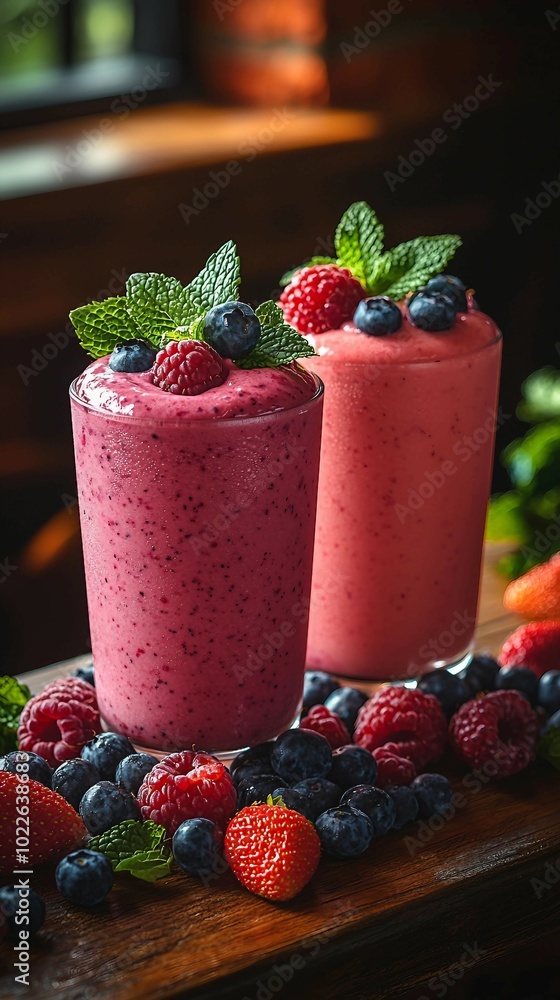 Delicious Berry Smoothies with Fresh Fruit Garnish Delicious Berry Smoothies with Fresh Fruit Garnish