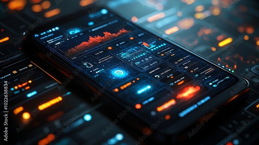 A smartphone displaying a futuristic data dashboard with vibrant graphics and analytics. A smartphone displaying a futuristic data dashboard with vibrant graphics and analytics.