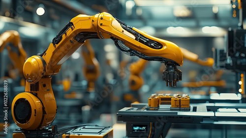 Yellow Robotic Arm in Industrial Setting Assembling Parts