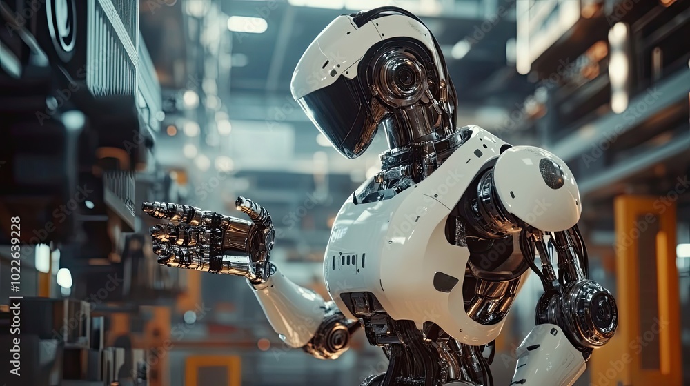 Fototapeta premium A Futuristic White Robot with Chrome Accents in a Factory Setting