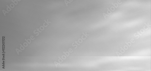 White studio with leaves shadow and sun light background. 3d gray room with sunlight and leaf nature overlay bg. Concrete floor stand scene mockup. Beauty and cosmetic display on surface texture