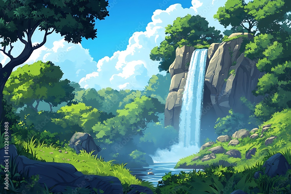 Naklejka premium Rocky waterfall flowing over a cliff, Beautiful nature landscape illustration