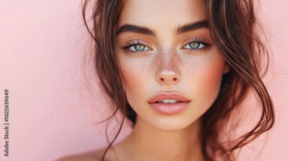 Fototapeta premium Portrait of a beautiful young woman with freckles and blue eyes looking directly at the camera against a soft pink background.