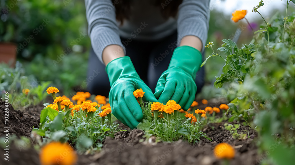 Fototapeta premium Woman with green gloves planting small marigolds in a bed, gardening in springtime.