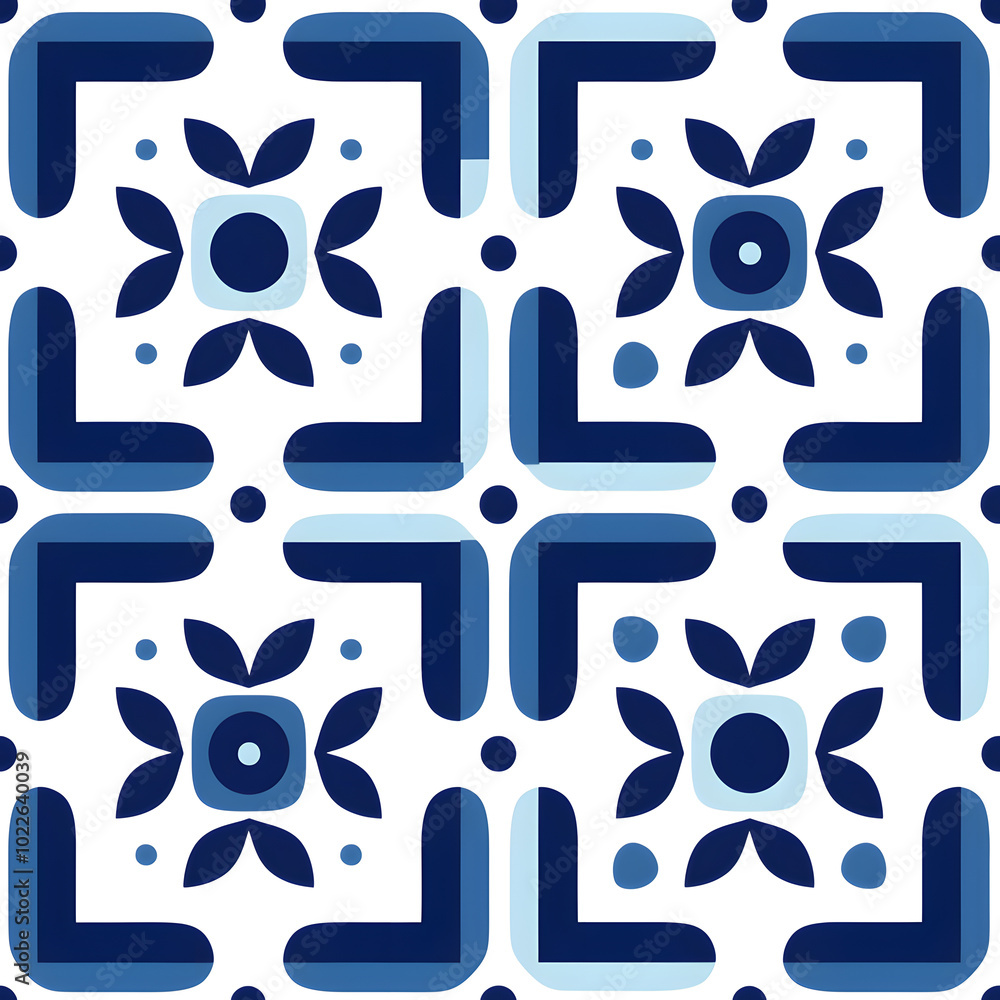 Fototapeta premium Vintage Blue geometric pattern design with ornamental element. Traditional Portuguese azulejo motifs.
