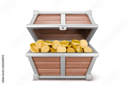 3d open treasure chest with golden coin vector. Gold money in wooden pirate box. Realistic full coffer object for mystery adventure game. Filled loot crate concept isolated on white background