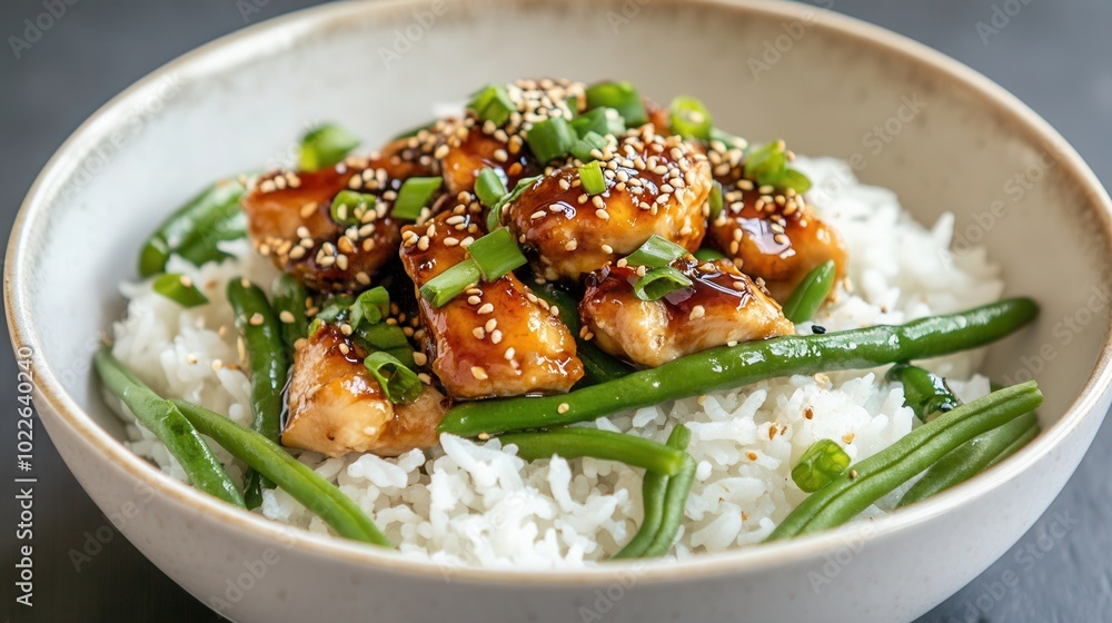 the white bowl contains an Asian dish, tender, teriyaki-fried chicken, placed on top of white rice, with fresh green beans garnished with sesame seeds.