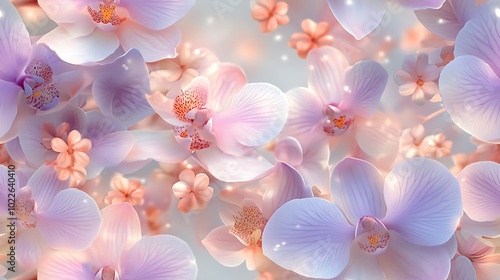 Cherry blossoms and orchids in gentle pastel hues, seamless pattern with pale pinks and light purples, hd quality, delicate shading and texture, soft flowing floral arrangement,