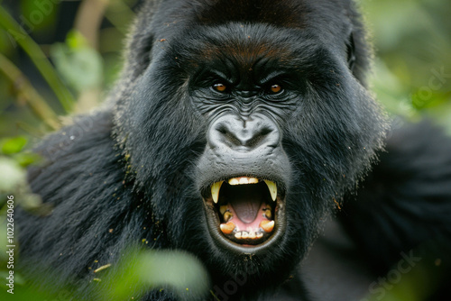 A closeup of a gorilla showing its open mouth in its natural hab photo