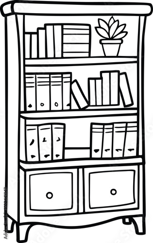 minimalist bookcase design,  compact bookshelf, industrial-style bookcase line art vector illustration